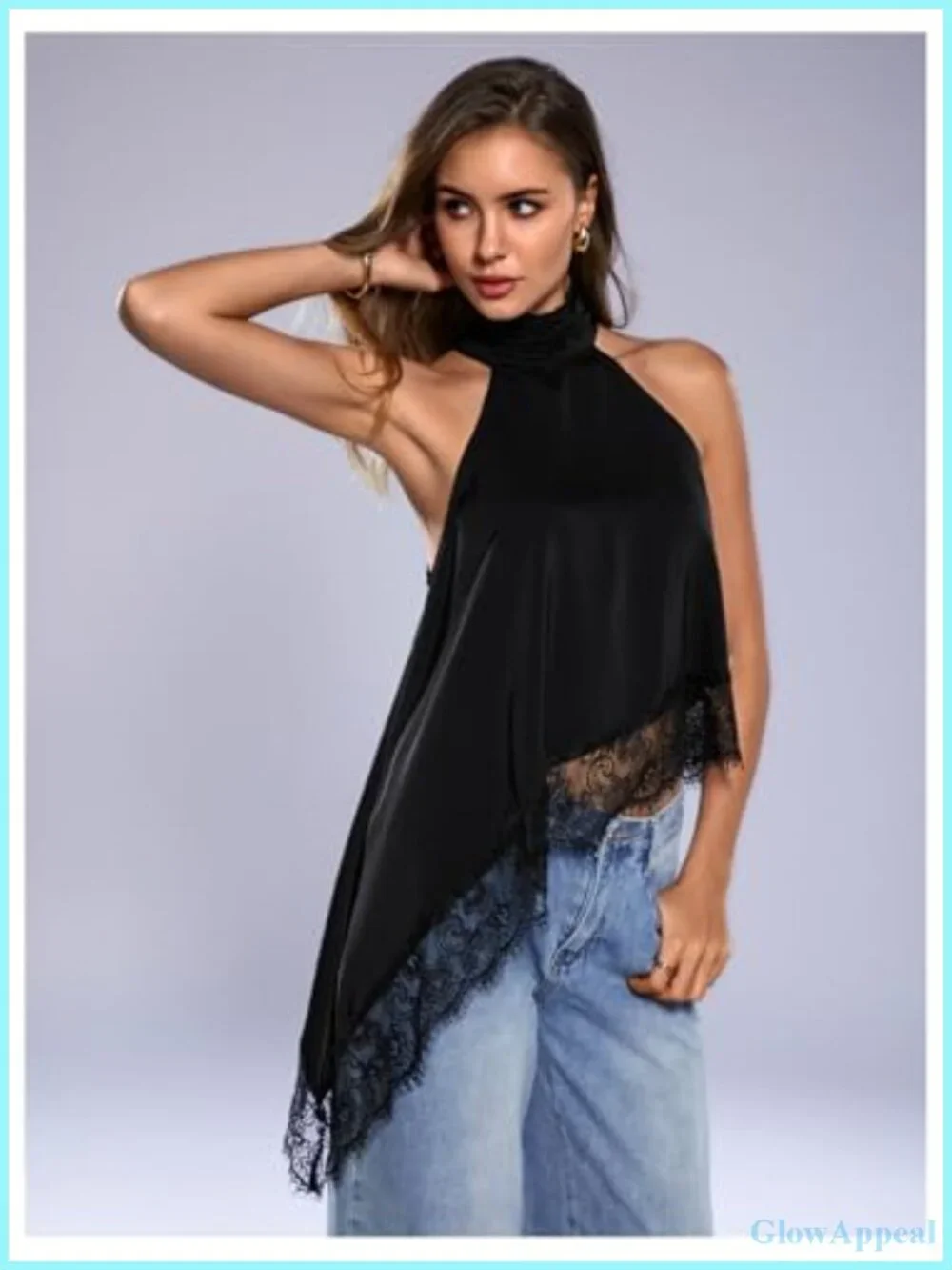 Halter Neck Sleeveless Lace Asymmetrical Hem Tank Top